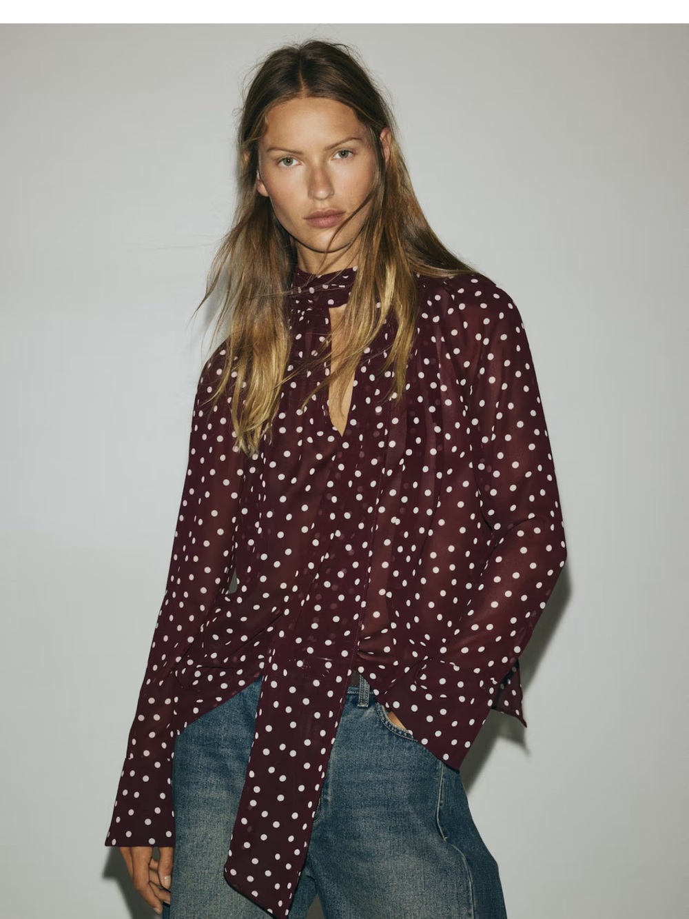 H&M Burgundy Polka Dot Tie-Neck Blouse
